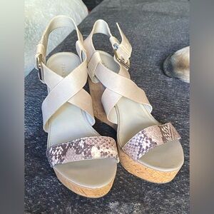 Franco Sarto SHANIA cork wedge sandals,black gray snake print leather straps, 8